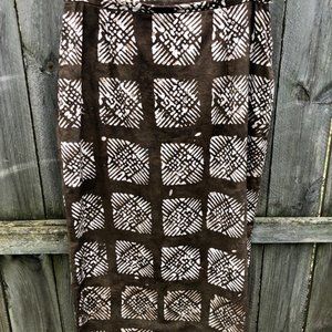 Vintage 80s Handmade Nigerian Brown White Geometric Batik Straight Calf Skirt M